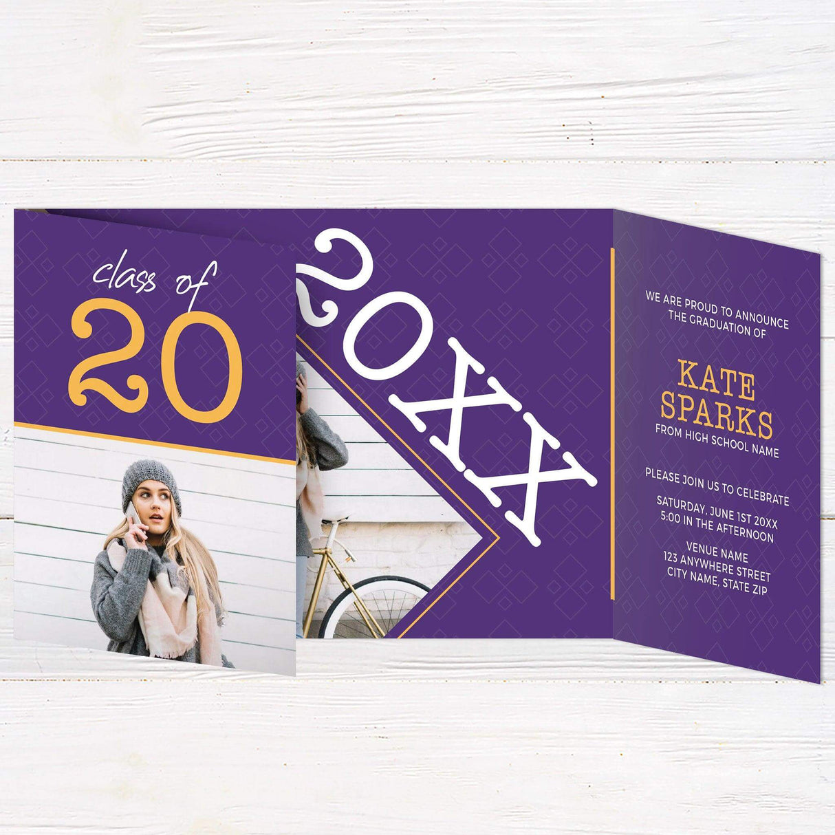 Customizable gatefold graduation invitation featuring the phrase "Cap and Gown is Going Down." Modern, bold year design with a unique fold-out format. High-quality printed graduation card with four photos.