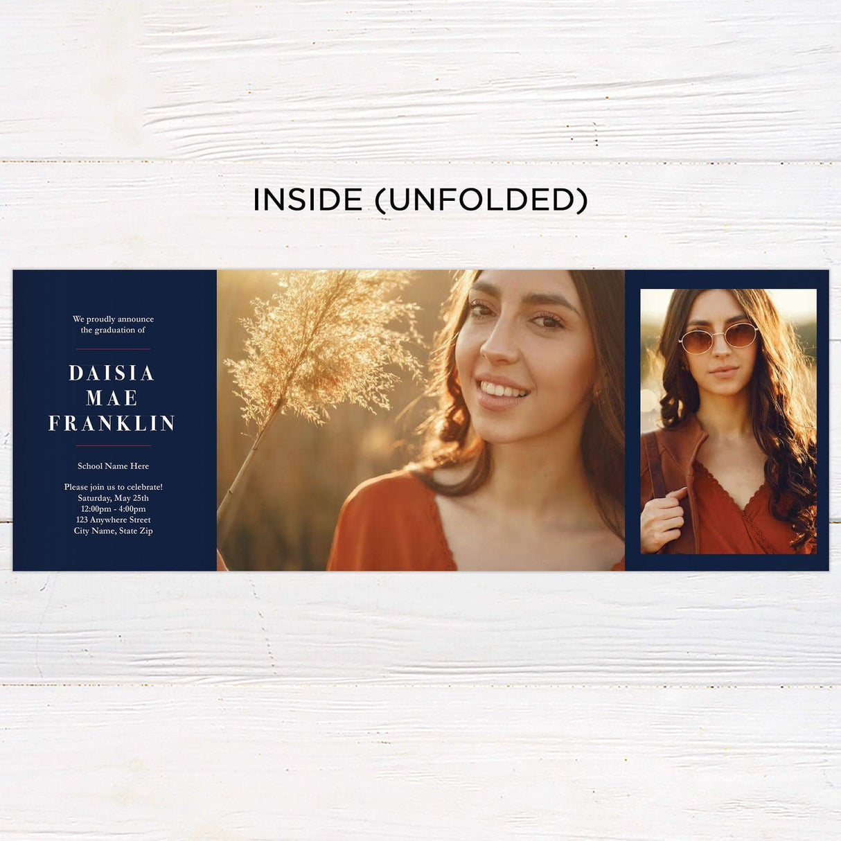 Customizable gatefold graduation invitation with five photos, featuring a minimalist design and a designated space for a favorite scripture. Personalizable color options available. Inside Unfolded.