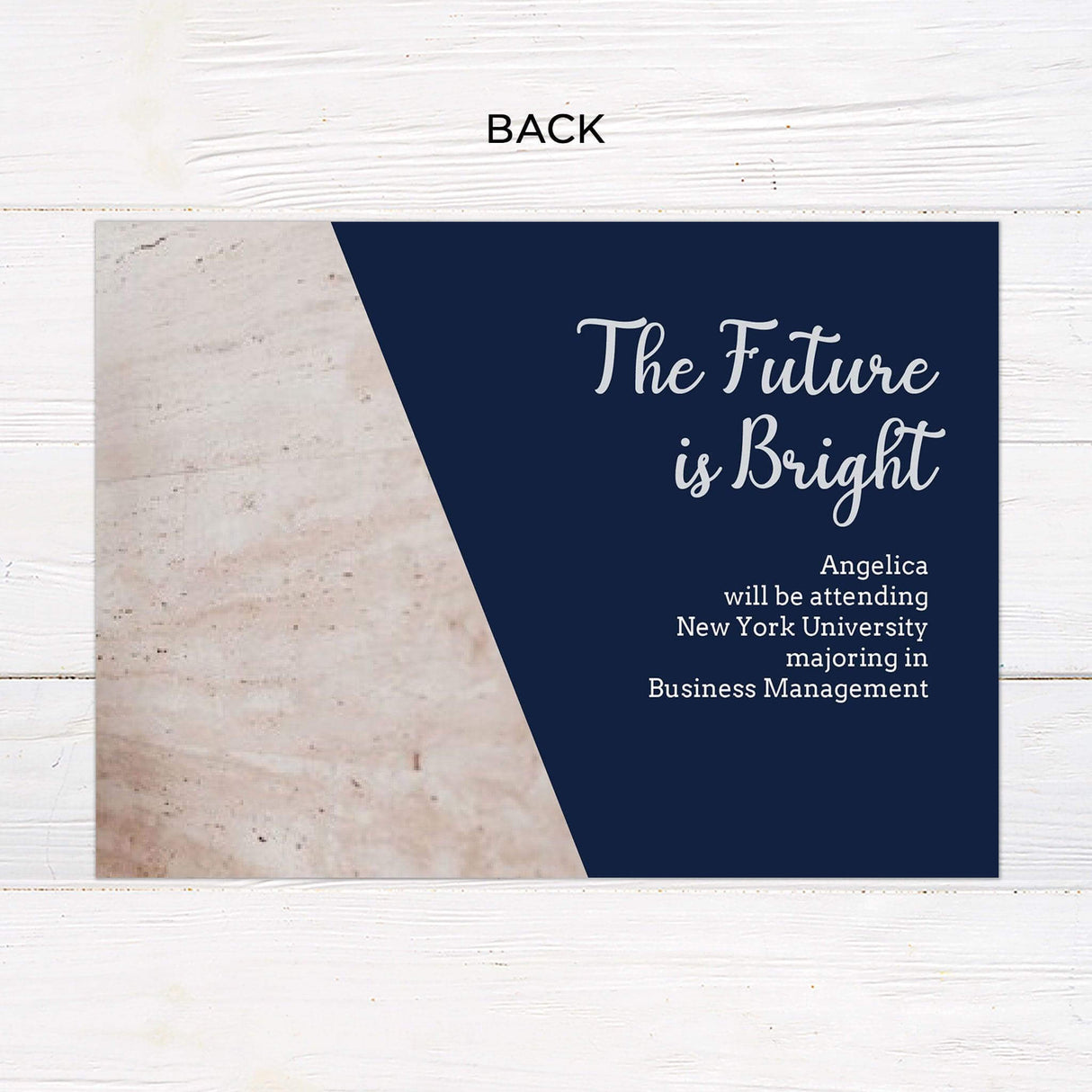 Customizable gatefold graduation invitation with a modern three-photo layout. Elegant and stylish design for high school or college seniors. Back.