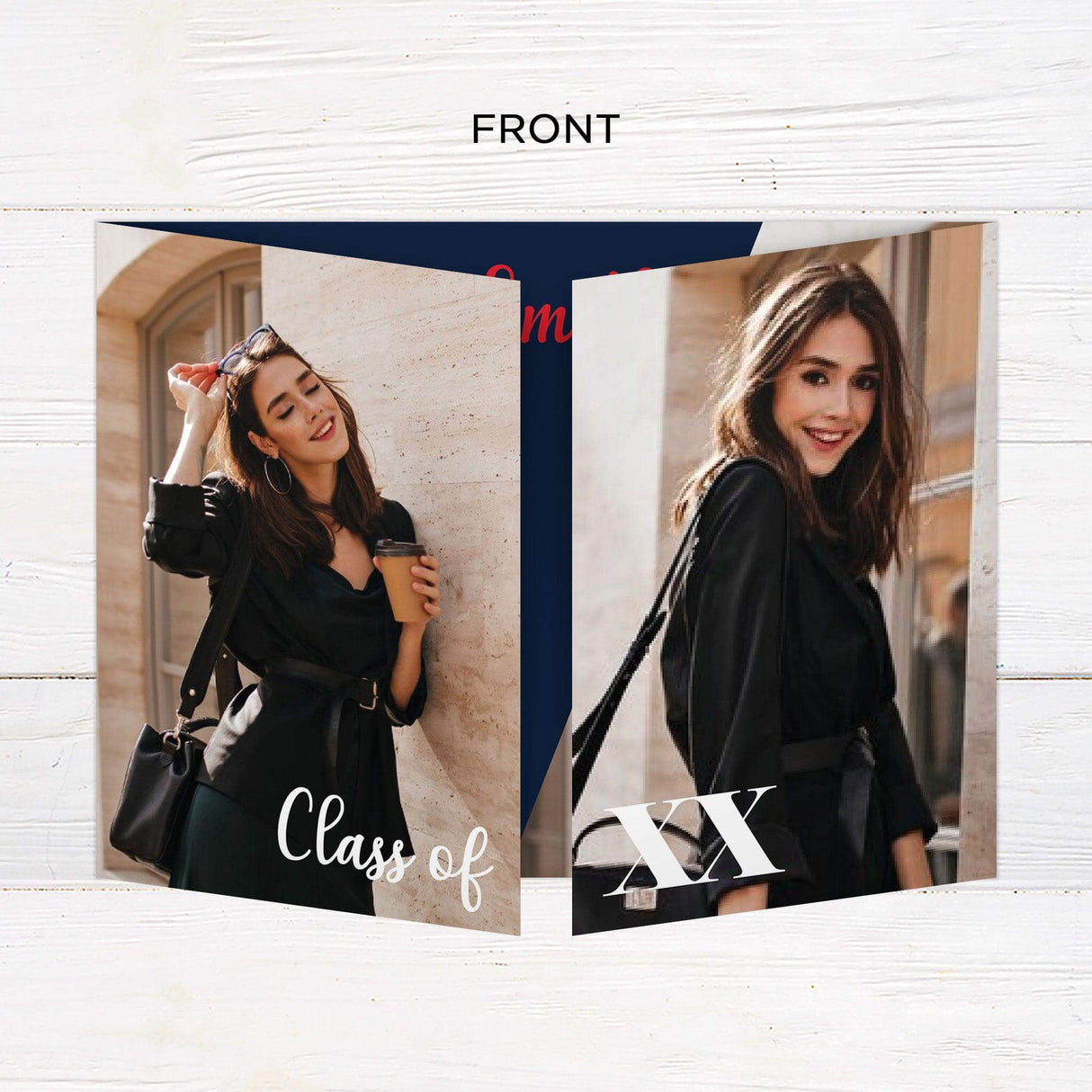 Customizable gatefold graduation invitation with a modern three-photo layout. Elegant and stylish design for high school or college seniors. Front.