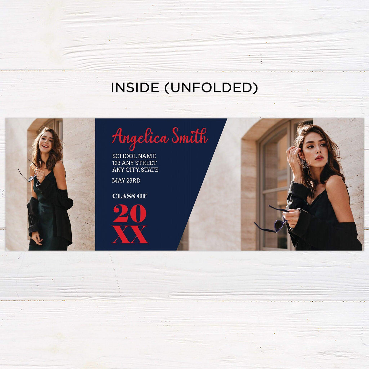 Customizable gatefold graduation invitation with a modern four-photo layout. Elegant and stylish design for high school or college seniors. Inside.