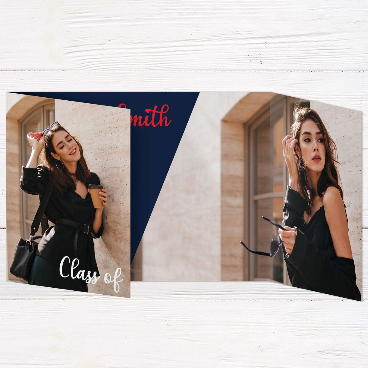 Customizable gatefold graduation invitation with a modern four-photo layout. Elegant and stylish design for high school or college seniors.