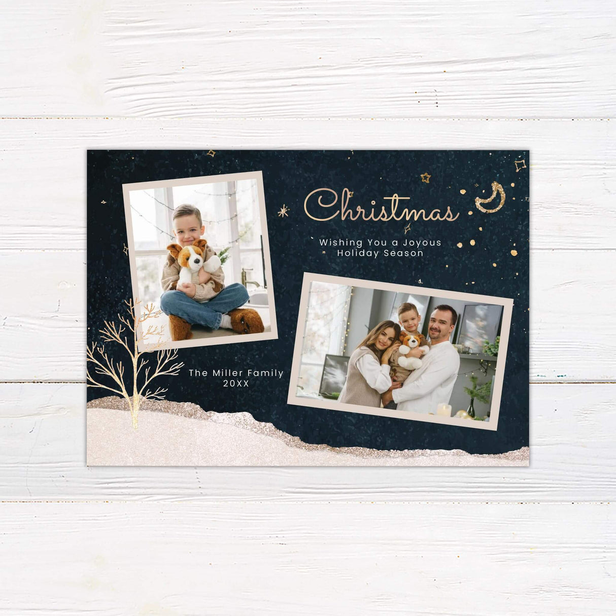 A night sky-themed holiday card with golden stars and a crescent moon, featuring two photo frames and a custom family greeting. Elegant and festive design.
