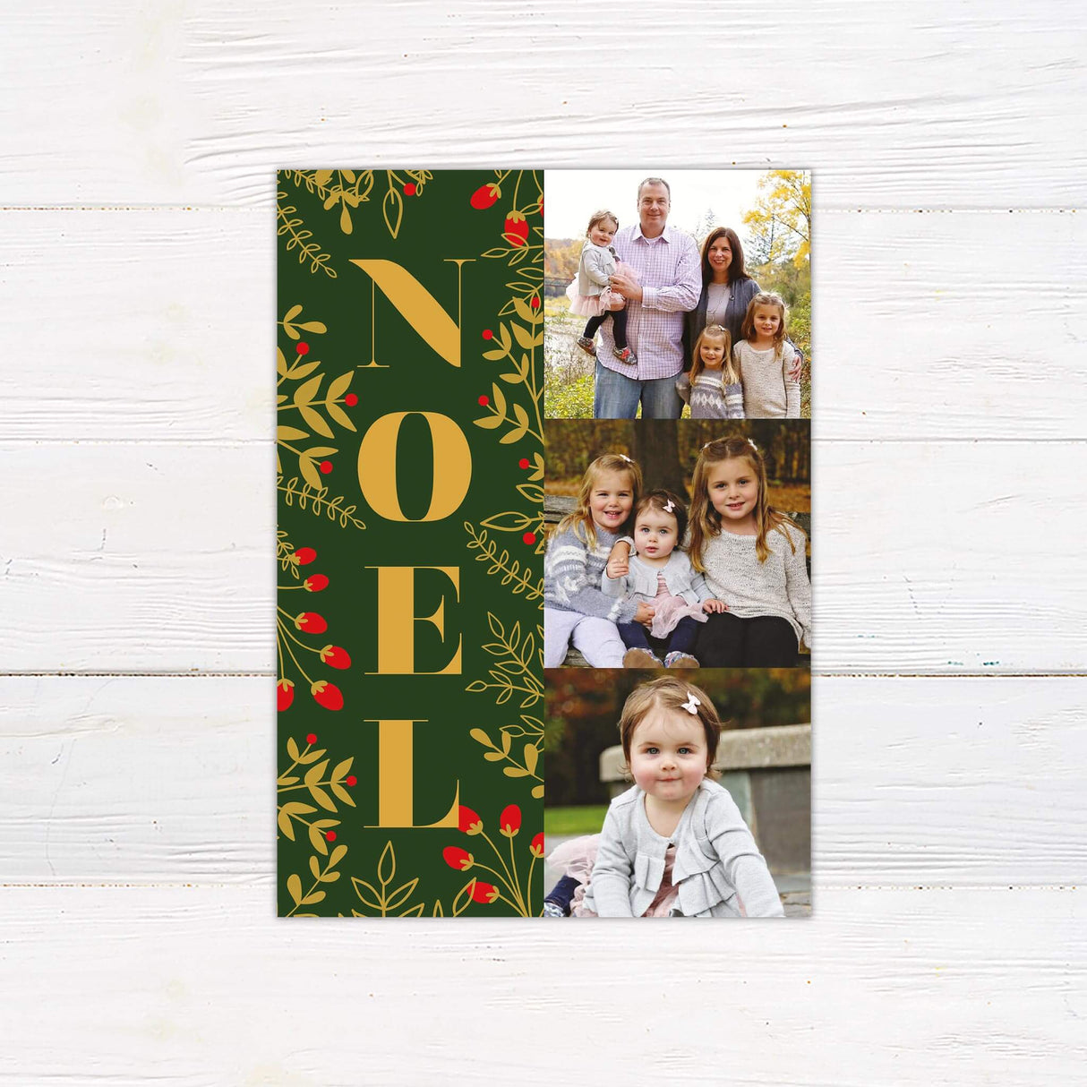 A Christmas card design featuring the word Noel in gold letters with festive greenery and berries, paired with family photos. A cheerful holiday greeting card.