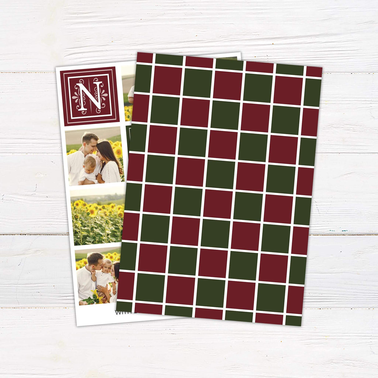 A holiday collage card featuring the word Noel in decorative typography alongside family photos in a sunflower field. A festive and customizable Christmas card design.