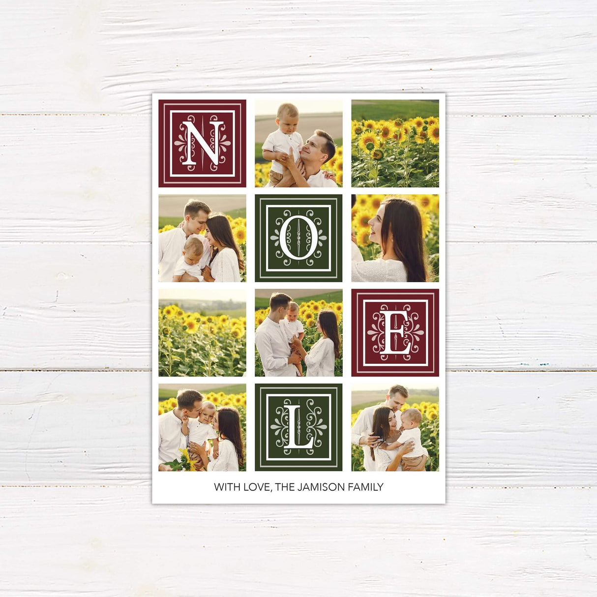 A holiday collage card featuring the word Noel in decorative typography alongside family photos in a sunflower field. A festive and customizable Christmas card design.