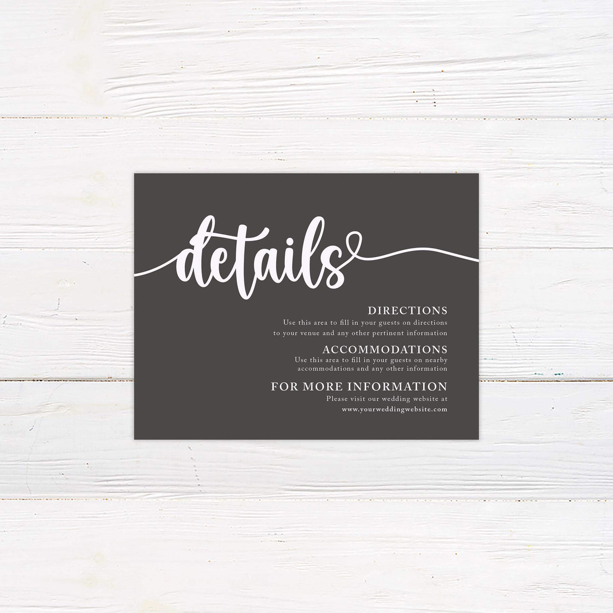 Wedding detail card with matching neutral tone and a mix of casual and modern typefaces.