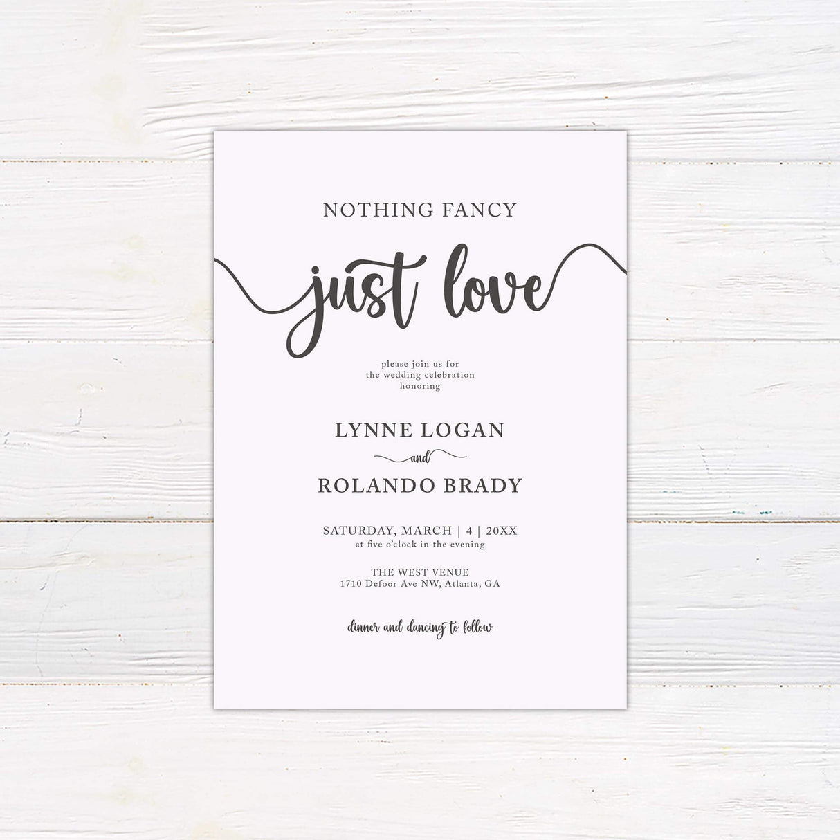Casual wedding invitation with “Nothing Fancy Just Love” in large script and clean serif fonts on a neutral background.