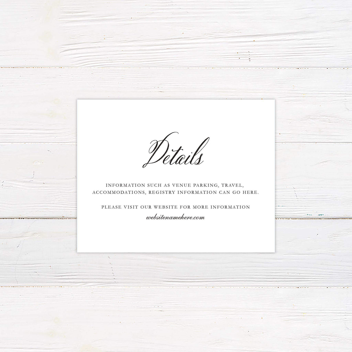 Wedding detail card featuring matching Art Nouveau floral design and clean serif layout.