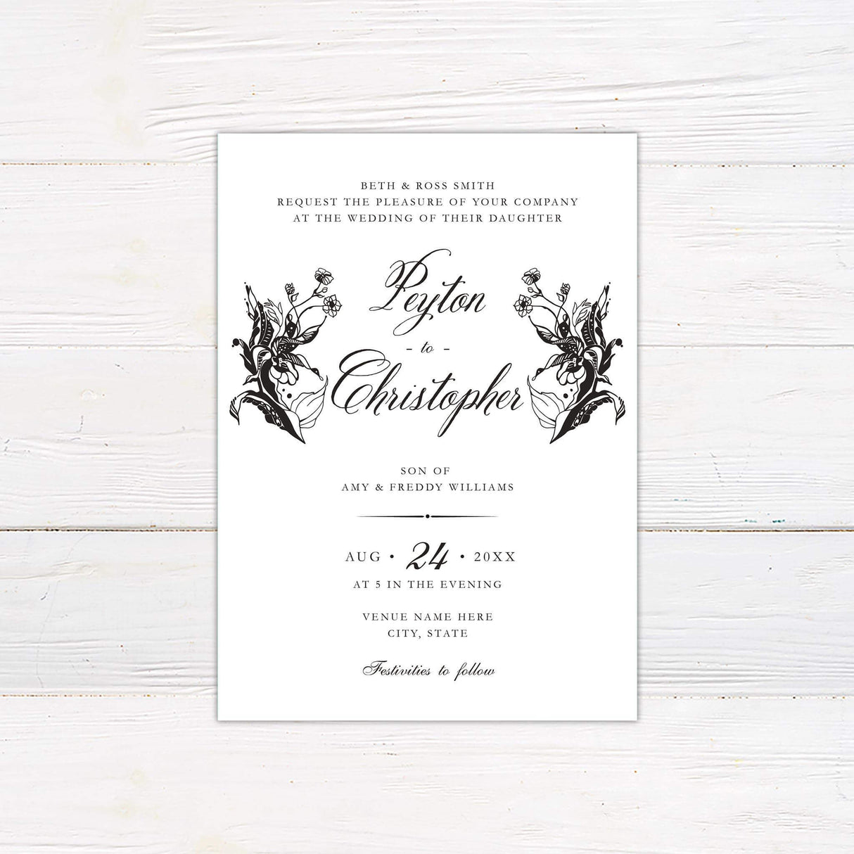 Black and white wedding invitation with vintage floral illustrations and elegant script font for names, in Art Nouveau style.