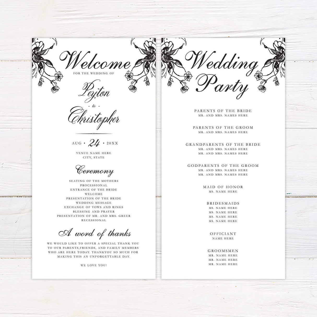 Wedding program with black vintage floral motifs and a mix of classic serif and elegant script fonts.