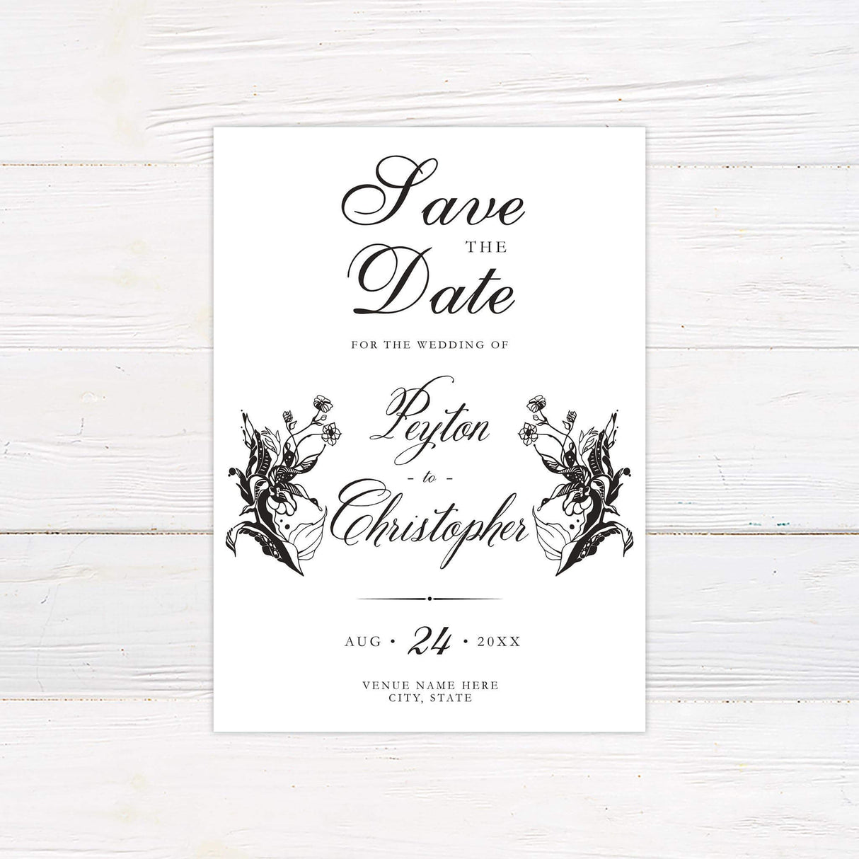 Save the date card with black and white floral art and sophisticated script, perfect for vintage-themed celebrations.