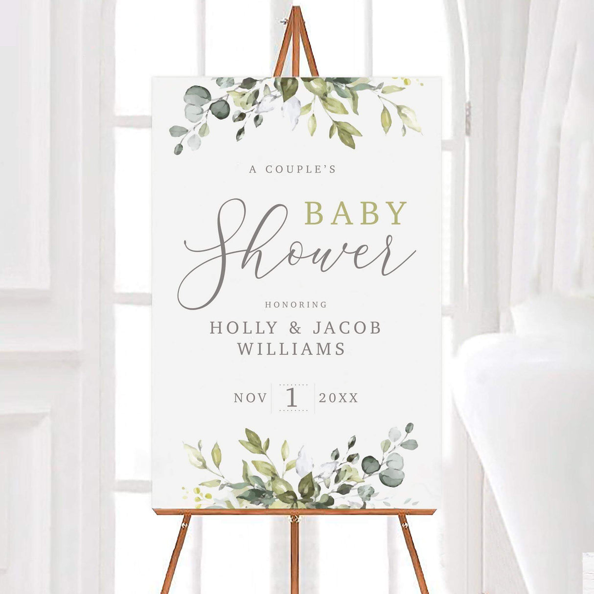 Baby shower welcome sign featuring a eucalyptus wreath with "Oh Boy!" in elegant script, honoring the mom-to-be. Minimalist design with modern typography on a neutral background.