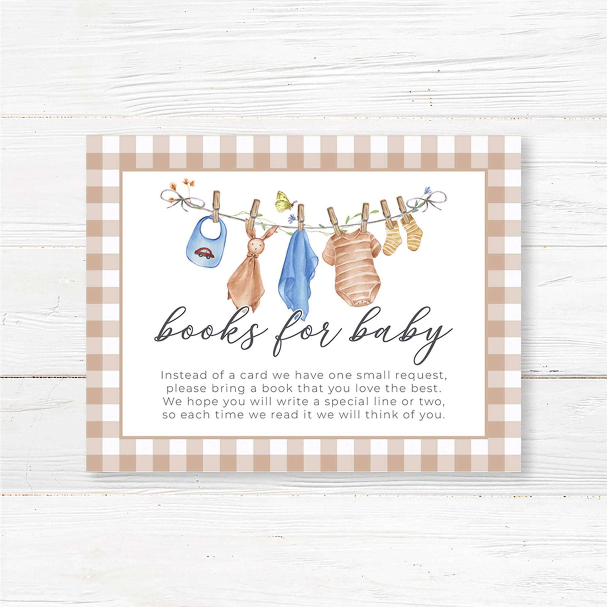 Printed books for baby insert card with a watercolor blue baby clothesline design featuring baby bibs, socks, and rompers. This insert asks guests to bring a book instead of a greeting card, creating a meaningful keepsake for the baby. Ideal for baby boy showers, gender-neutral sprinkles, or vintage baby themes. Printed on high-quality cardstock, fits perfectly inside invitations, and enhances a rustic or boho baby shower theme.