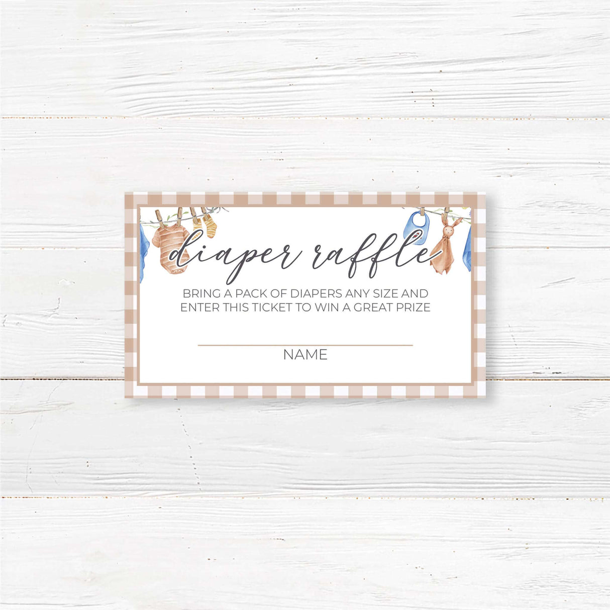 Printed diaper raffle ticket for a baby boy shower, featuring a soft watercolor baby clothesline with blue and neutral baby outfits. Encourages guests to bring a pack of diapers for a chance to win a prize, making it a fun and practical baby shower game. Professionally printed on durable cardstock with a rustic design. Perfect for a baby sprinkle, gender reveal, or classic baby shower with a boho or vintage theme