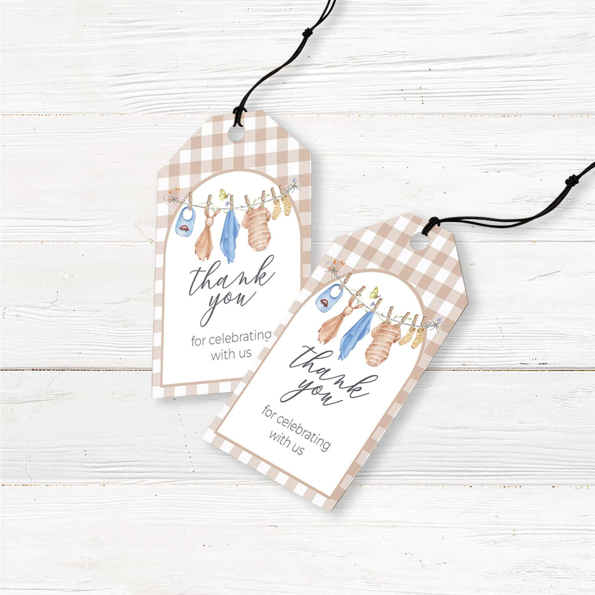 Rustic baby shower favor tags featuring a watercolor blue baby clothesline design with baby rompers, bibs, and socks. Professionally printed on premium cardstock with pre-punched holes for easy attachment to party favors, gift bags, and small thank-you gifts. A perfect addition to baby boy showers, gender reveals, or baby sprinkles. Complements a boho, country, or vintage baby shower theme while adding a charming personal touch.