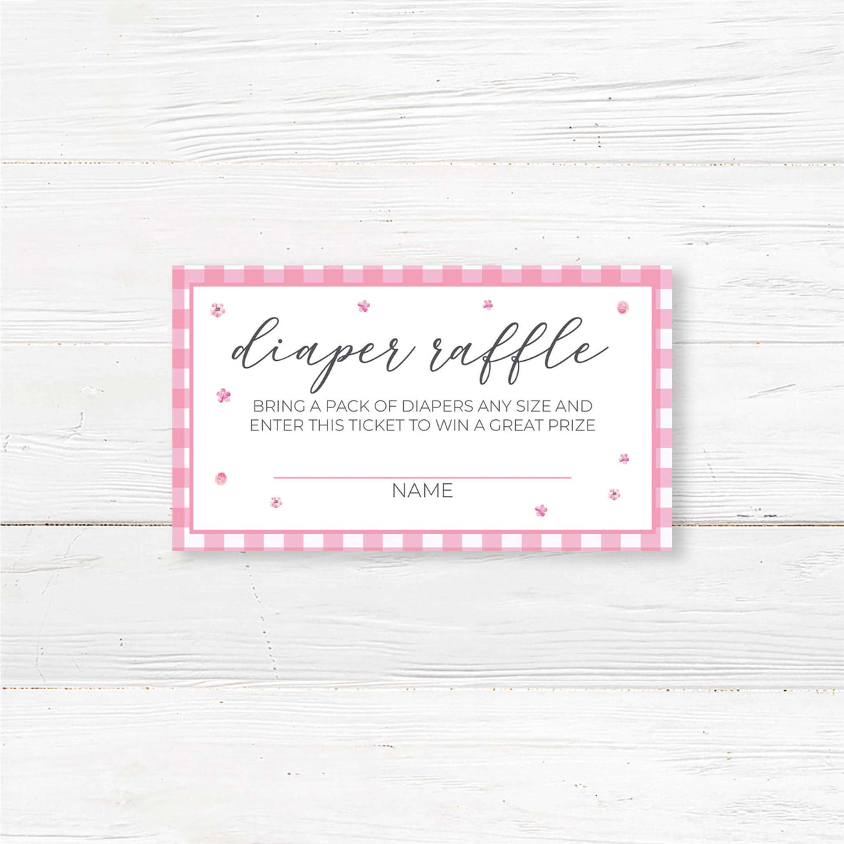 Printed diaper raffle ticket with a pink baby clothesline illustration. Perfect for baby shower games, gender reveal parties, or baby girl sprinkle themes