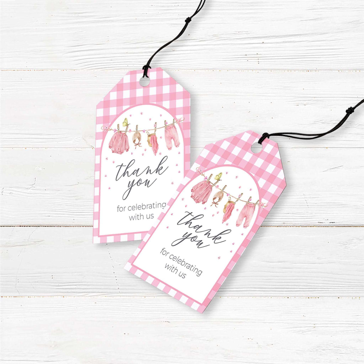 Rustic baby shower favor tags with a pink watercolor baby clothesline design. Pre-punched and printed on premium cardstock, perfect for thank-you gifts