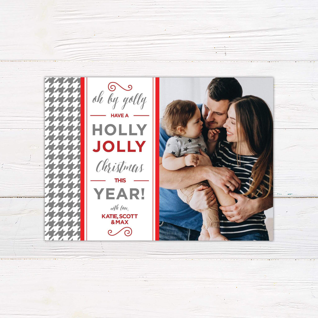 A Christmas card featuring the phrase “Oh by golly, have a holly jolly Christmas this year” with a family photo. A festive and customizable holiday design.
