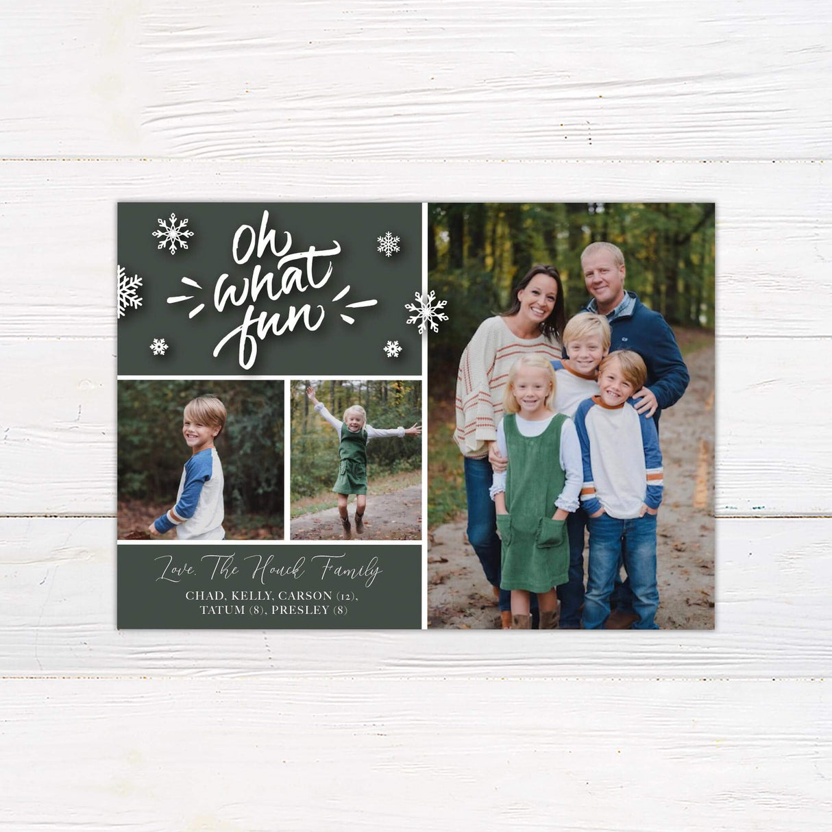A holiday card with the phrase “Oh What Fun” and snowflakes, featuring a collage of family photos. A festive and customizable Christmas card design.