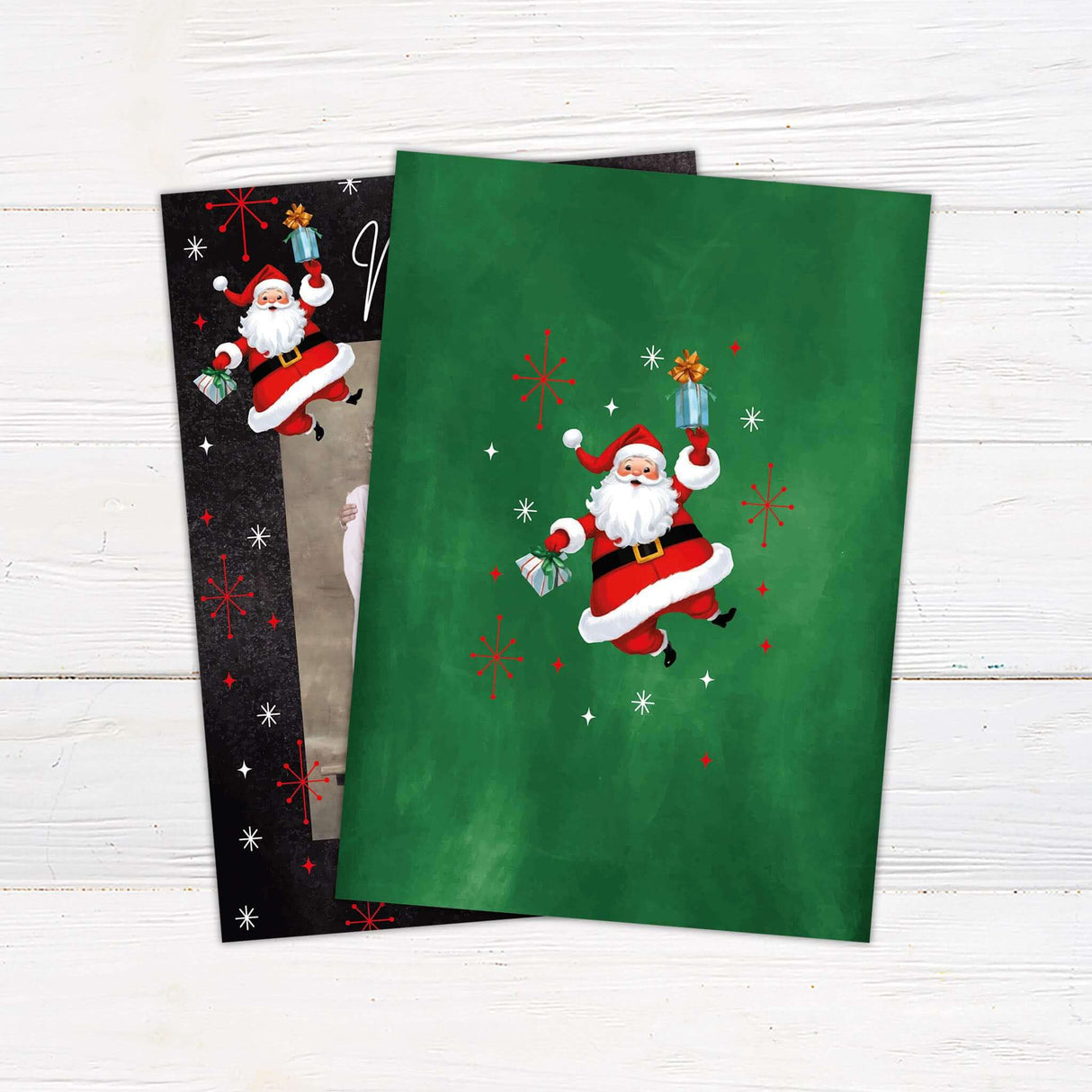 Old Fashioned Santa Christmas photo card - Retro Santa Christmas card with large family photo, black background, white script “Merry Christmas,” and vintage holiday icons including snowflakes and holly
