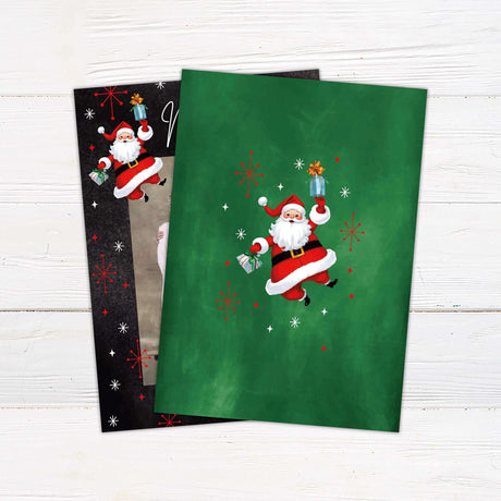 Old Fashioned Santa Christmas photo card - Retro Santa Christmas card with large family photo, black background, white script “Merry Christmas,” and vintage holiday icons including snowflakes and holly