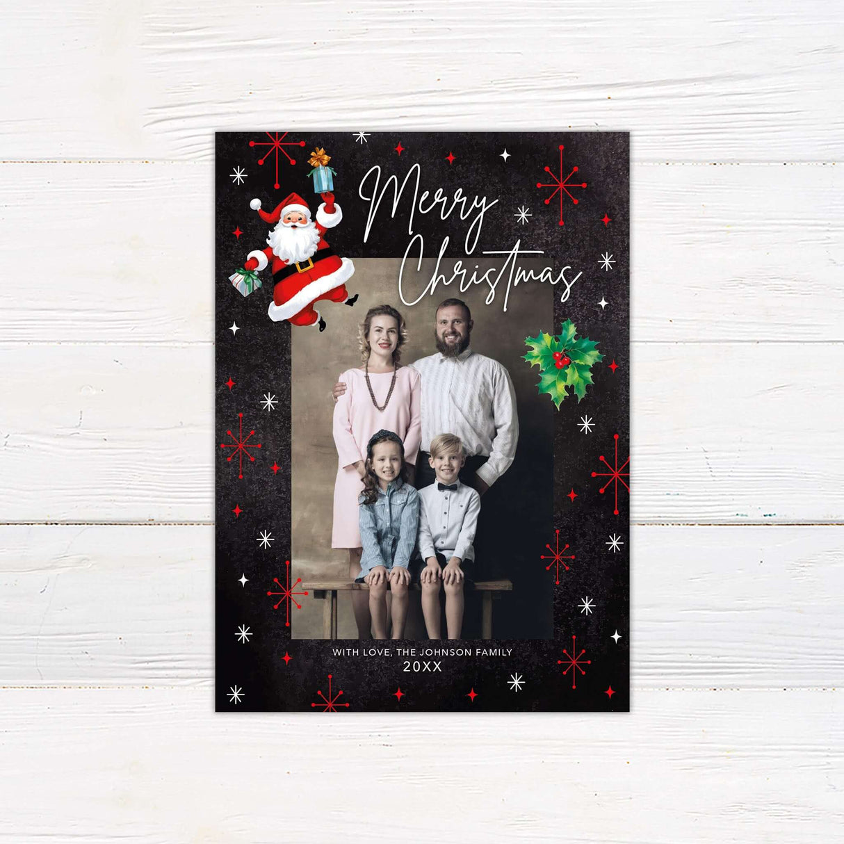 Old Fashioned Santa Christmas photo card - Retro Santa Christmas card with large family photo, black background, white script “Merry Christmas,” and vintage holiday icons including snowflakes and holly