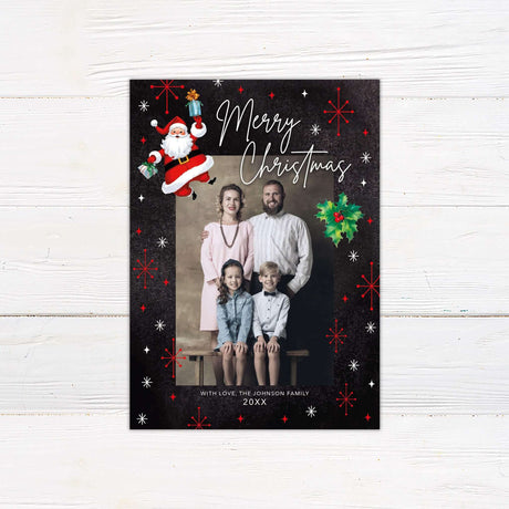 Old Fashioned Santa Christmas photo card - Retro Santa Christmas card with large family photo, black background, white script “Merry Christmas,” and vintage holiday icons including snowflakes and holly