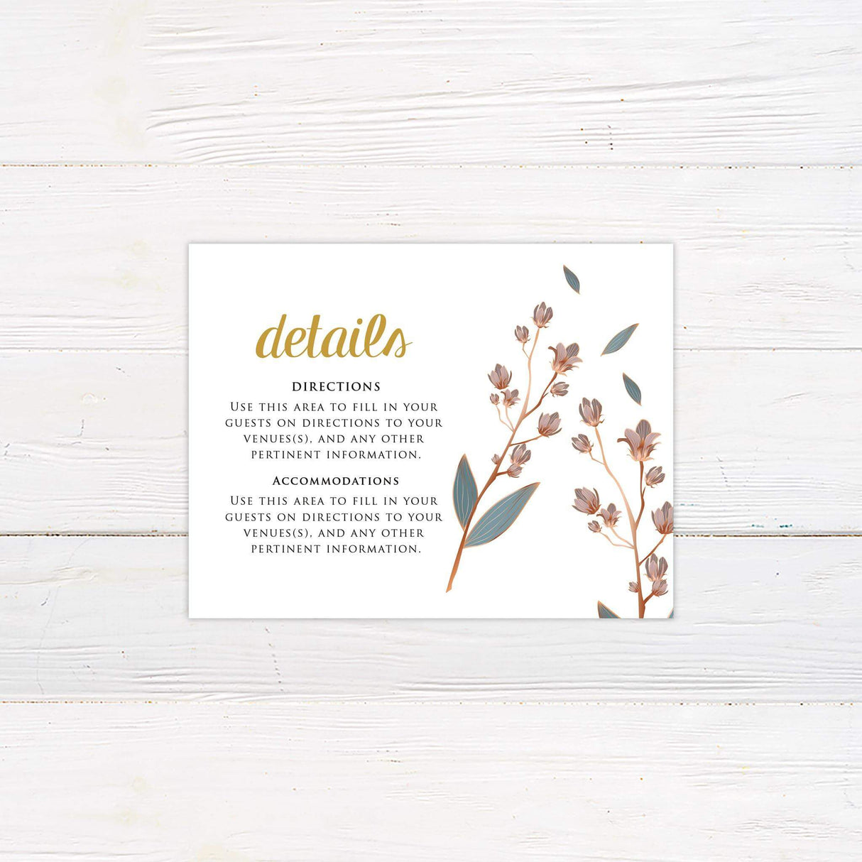 Vintage floral details card with soft pink rose illustration and classic serif text on a cream background