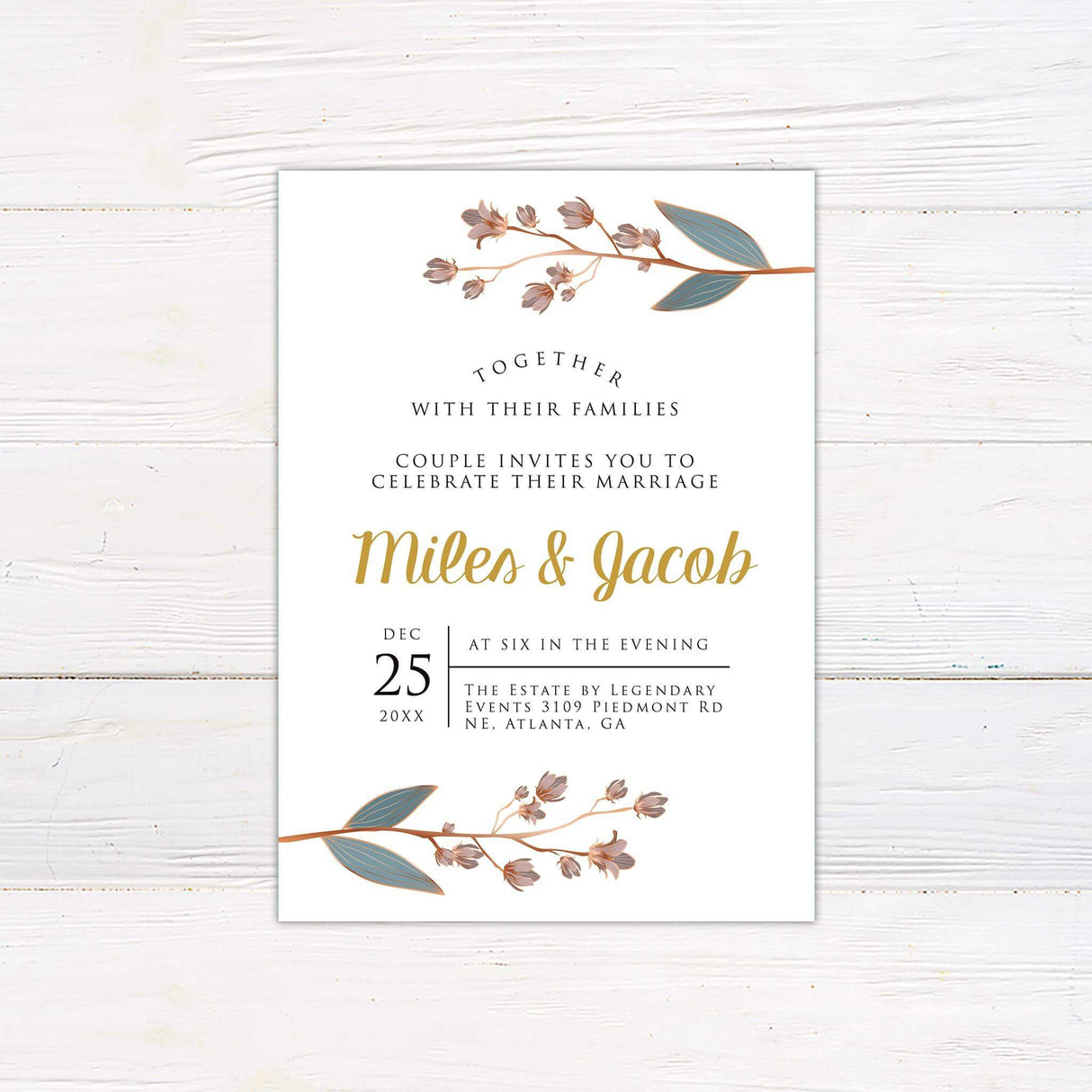 Vintage floral wedding invitation with soft pink rose illustration and classic serif text on a cream background