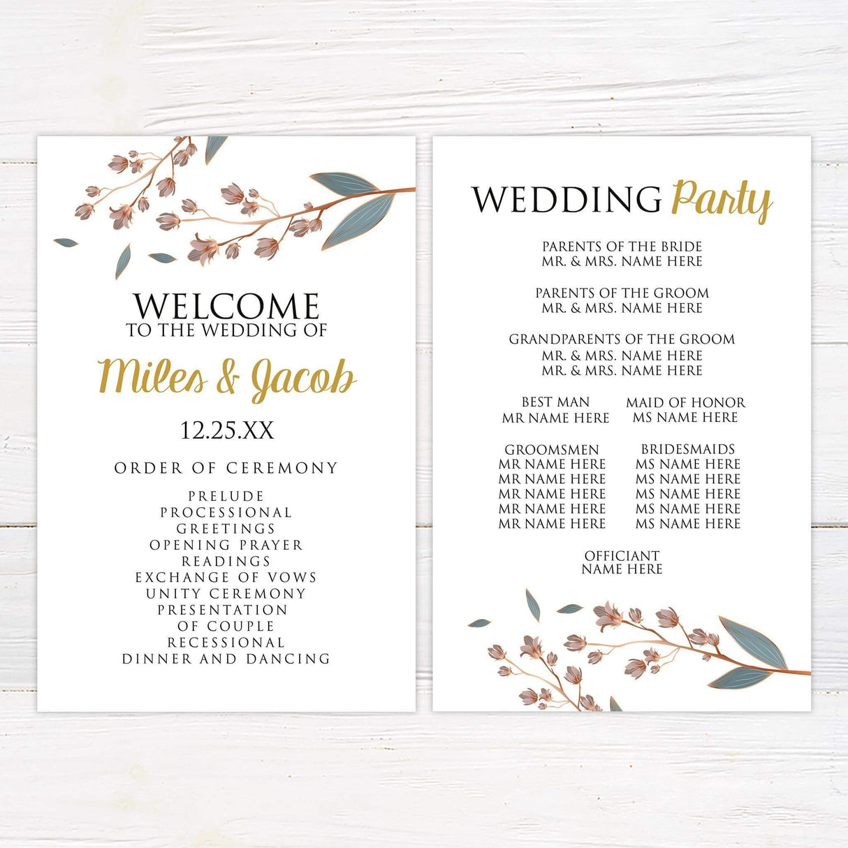 Vintage floral wedding program with soft pink rose illustration and classic serif text on a cream background