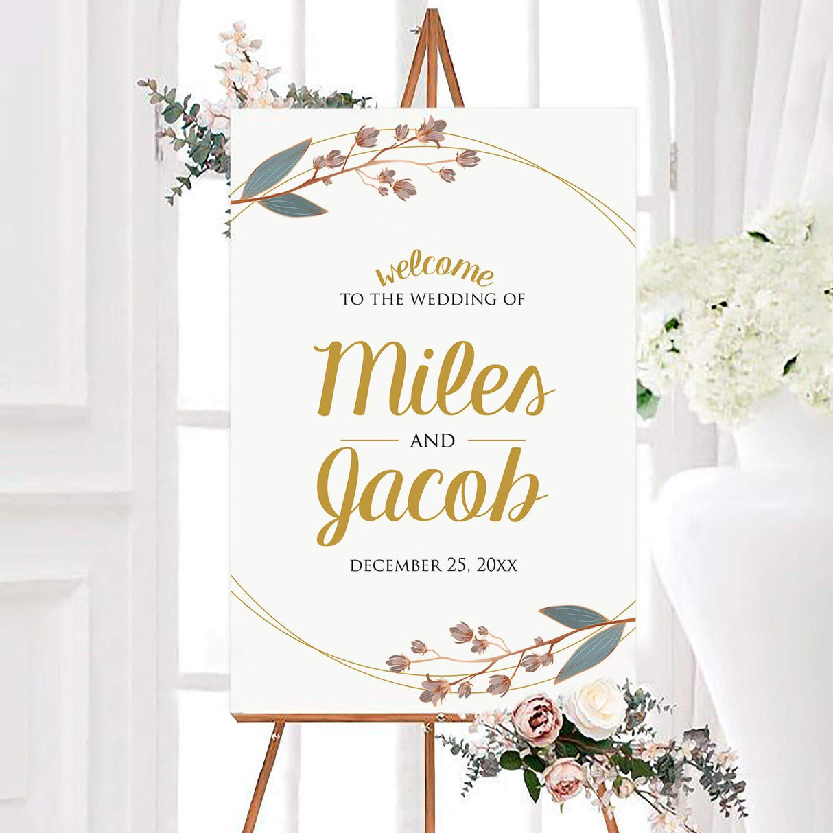 Rustic botanical wedding welcome sign with golden script names framed by delicate vintage botanical branches and thin gold curved lines. Muted blue leaves, mauve flowers, and warm copper accents decorate the white background.