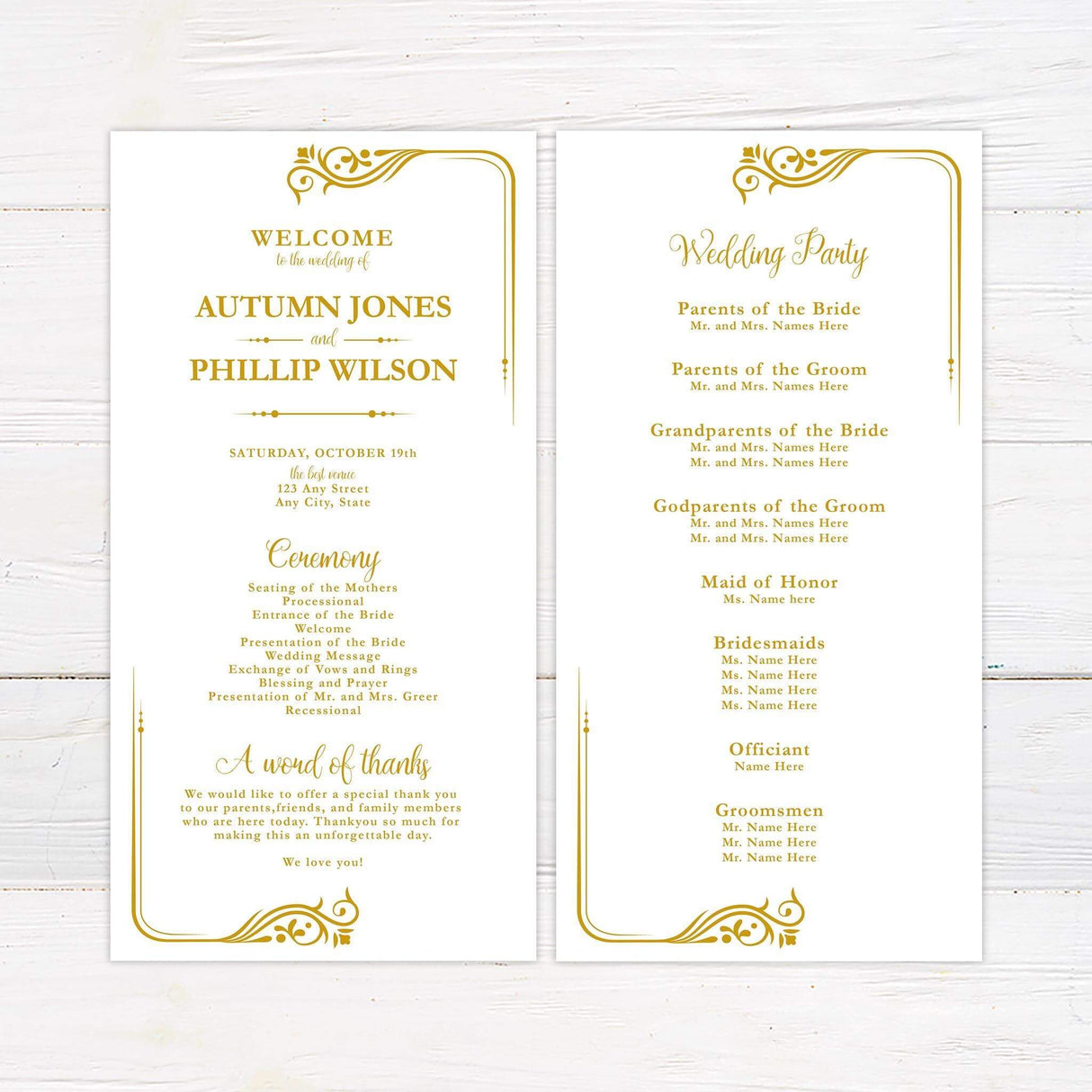 Fairy tale wedding program with “Once Upon a Time” elements and ornate gold flourishes throughout.