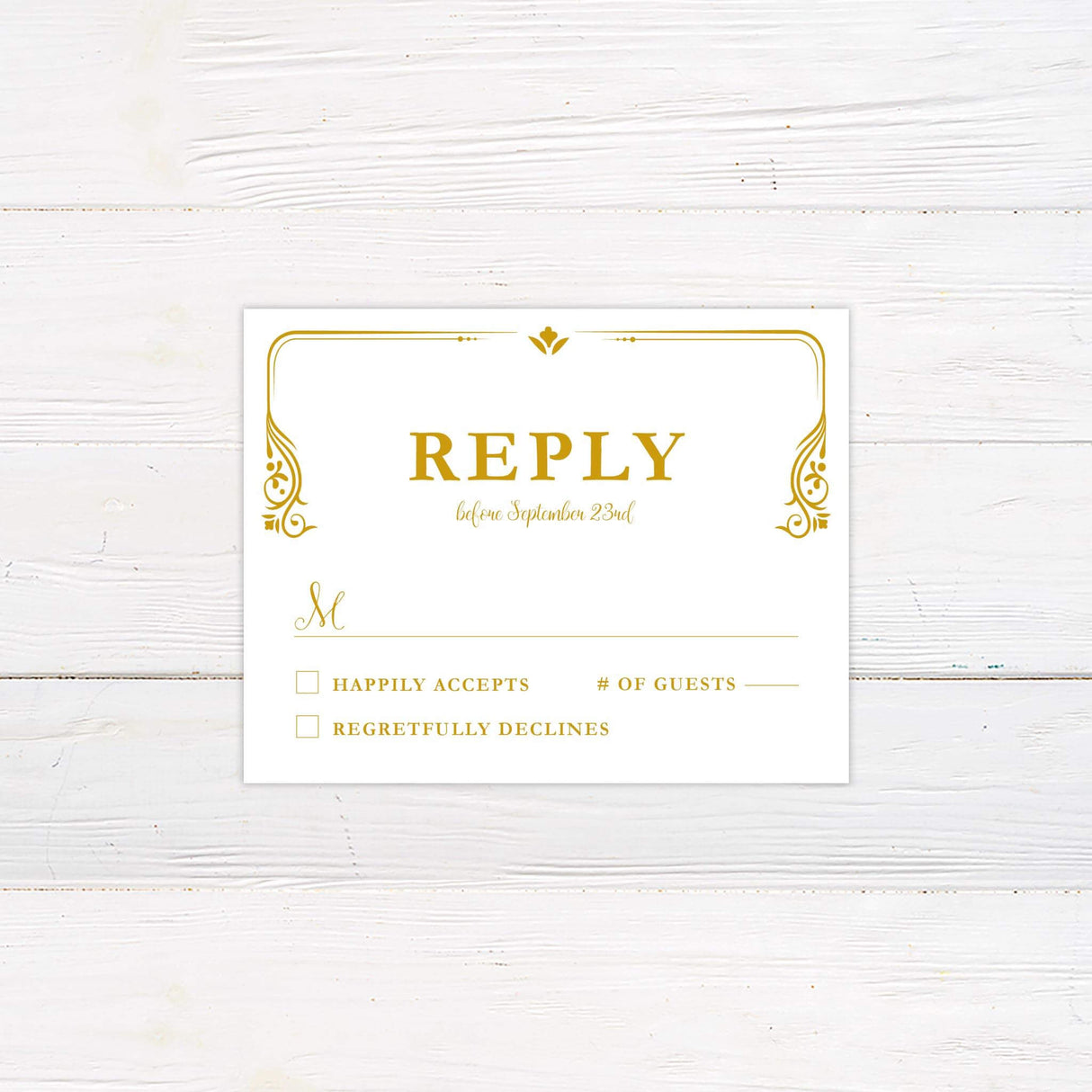 Coordinating RSVP card with gold fairytale accents and classic storybook-style fonts on white background.