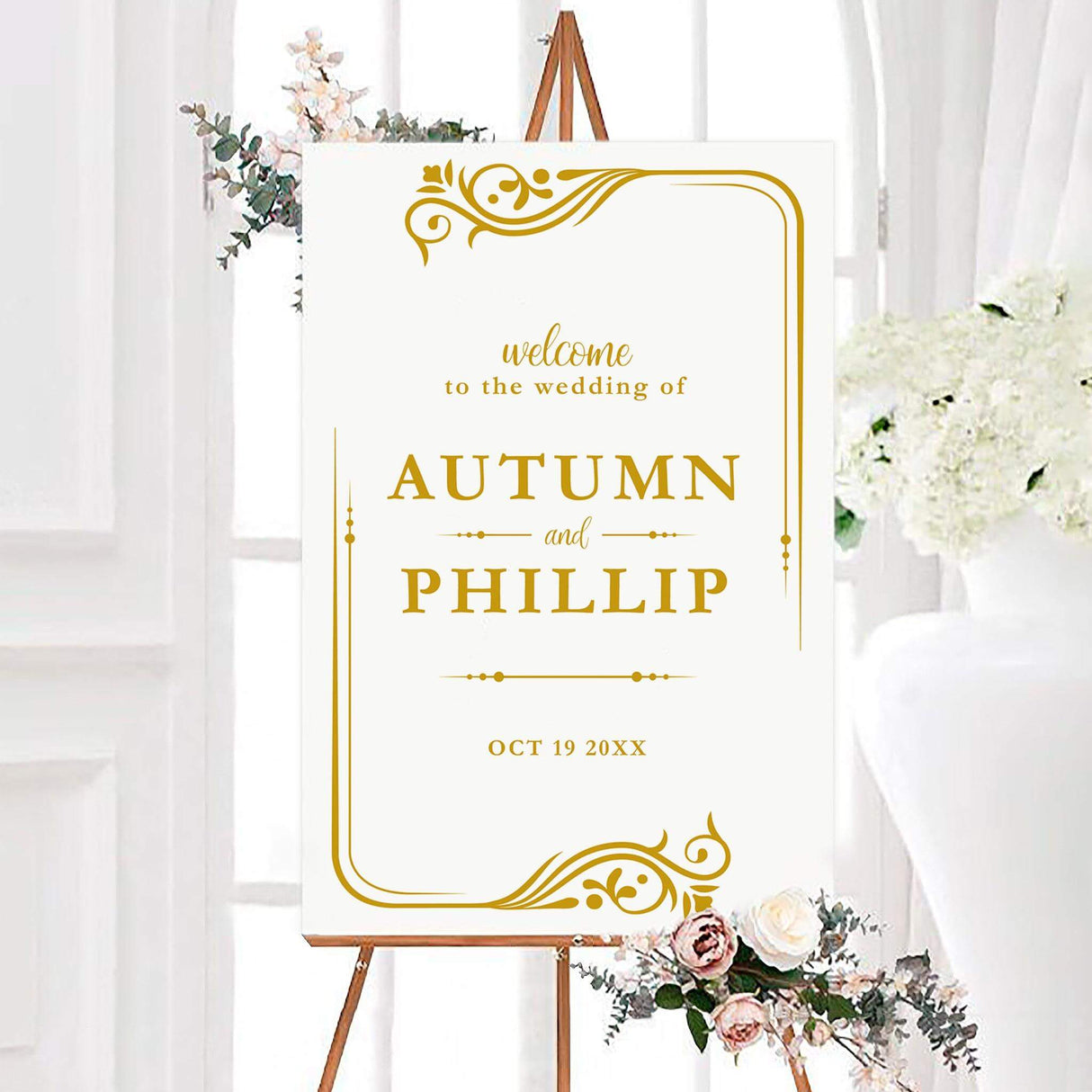 Large wedding welcome sign with gold text and ornate fairytale border, ideal for magical weddings.