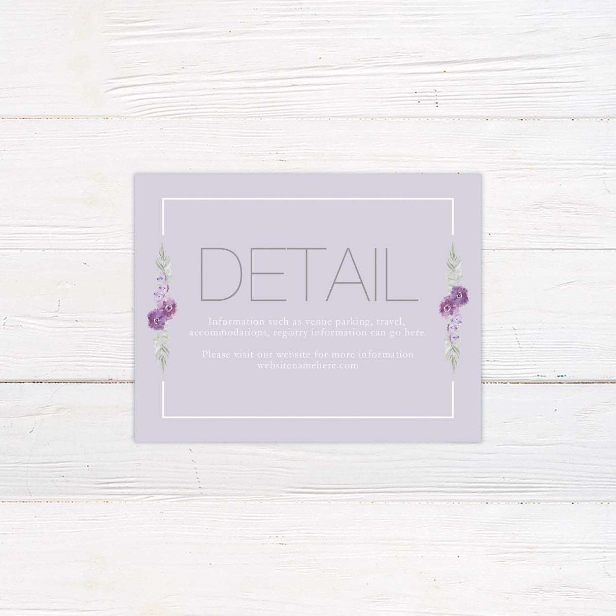Wedding detail card with coordinating soft purple background and watercolor floral accents.