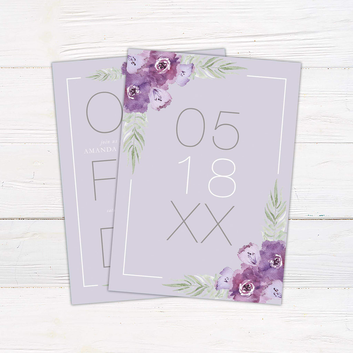 Modern lavender wedding invitation with large “One Fine Day” text and watercolor purple florals, perfect for spring or summer weddings. - back side with date