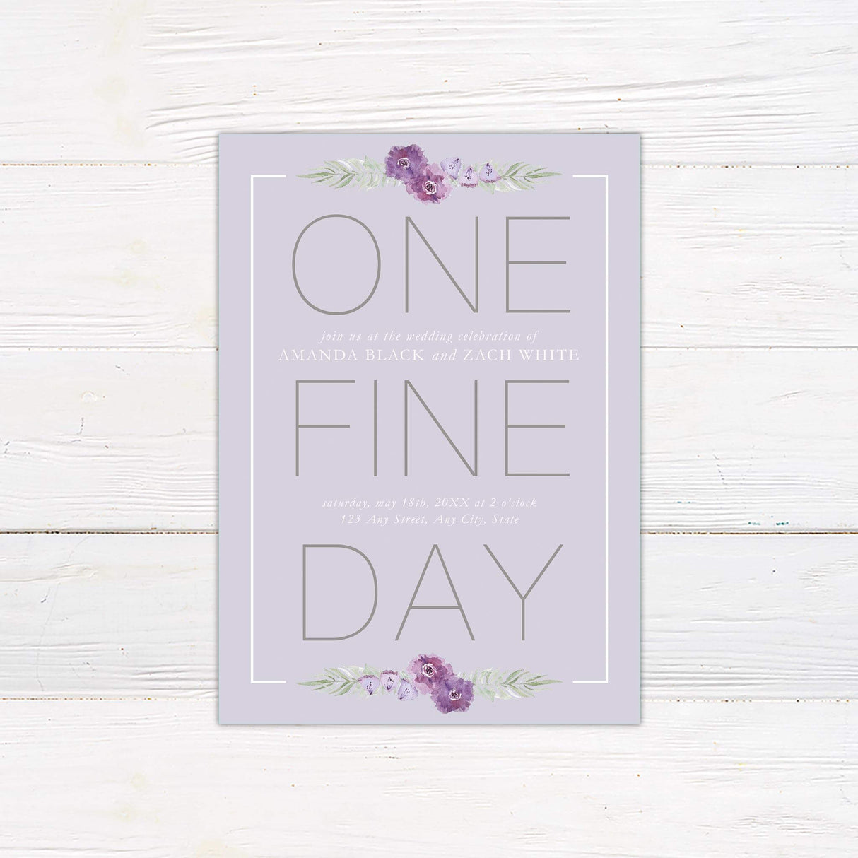 Modern lavender wedding invitation with large “One Fine Day” text and watercolor purple florals, perfect for spring or summer weddings.