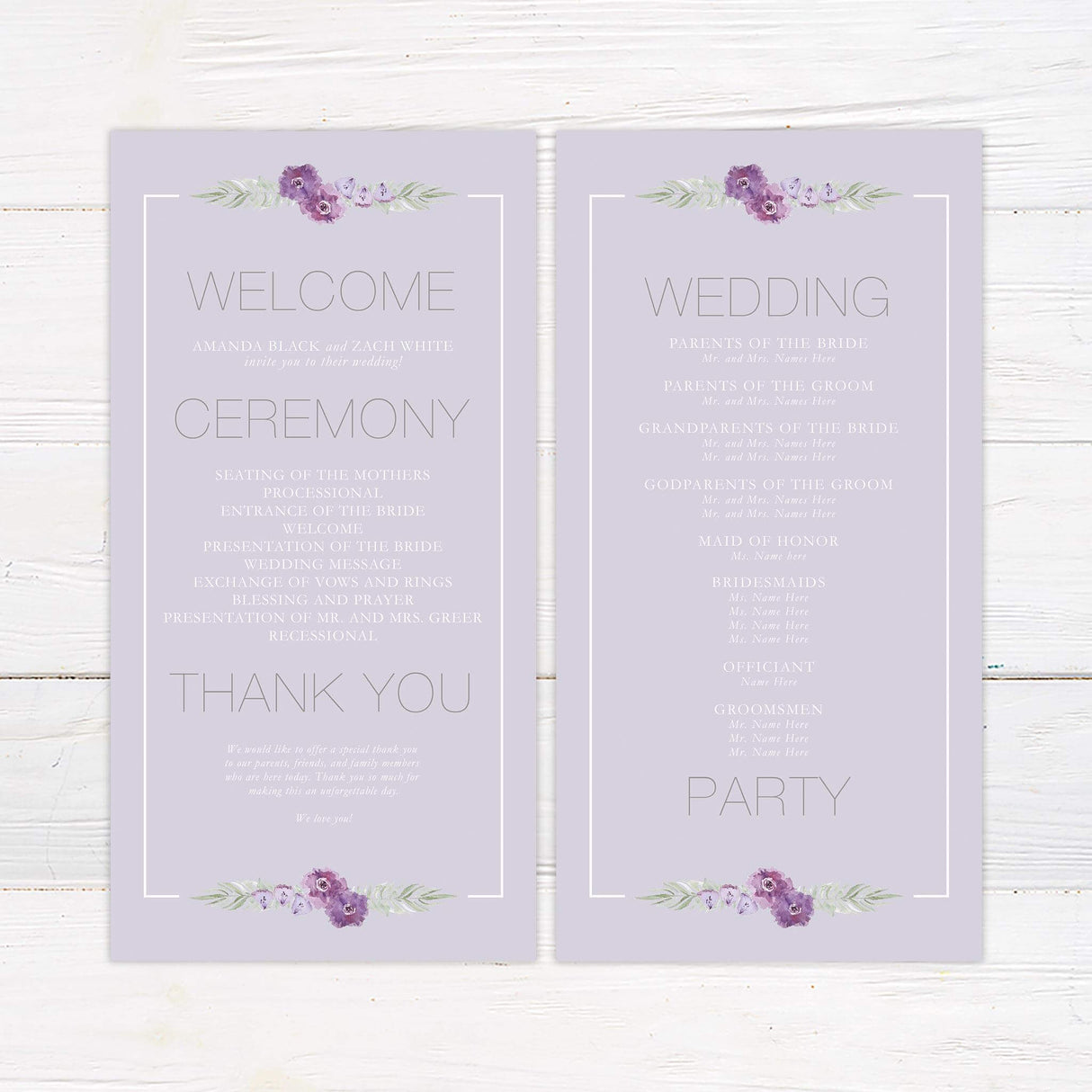 Wedding program featuring lavender tones and purple watercolor floral elements, perfect for spring weddings.