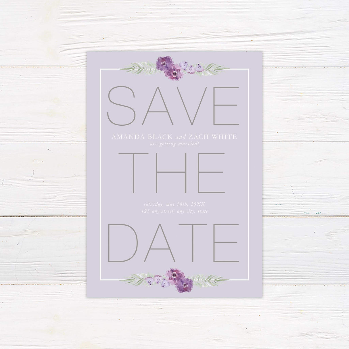 Save the date card with soft purple color palette and watercolor floral designs for romantic spring or summer weddings.