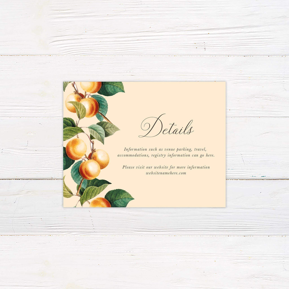 Wedding detail card featuring hand-painted oranges and foliage, styled with elegant serif and script fonts.