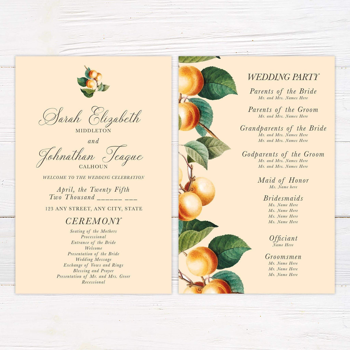 Wedding program with watercolor orange fruit border and classic serif text layout for a garden wedding.