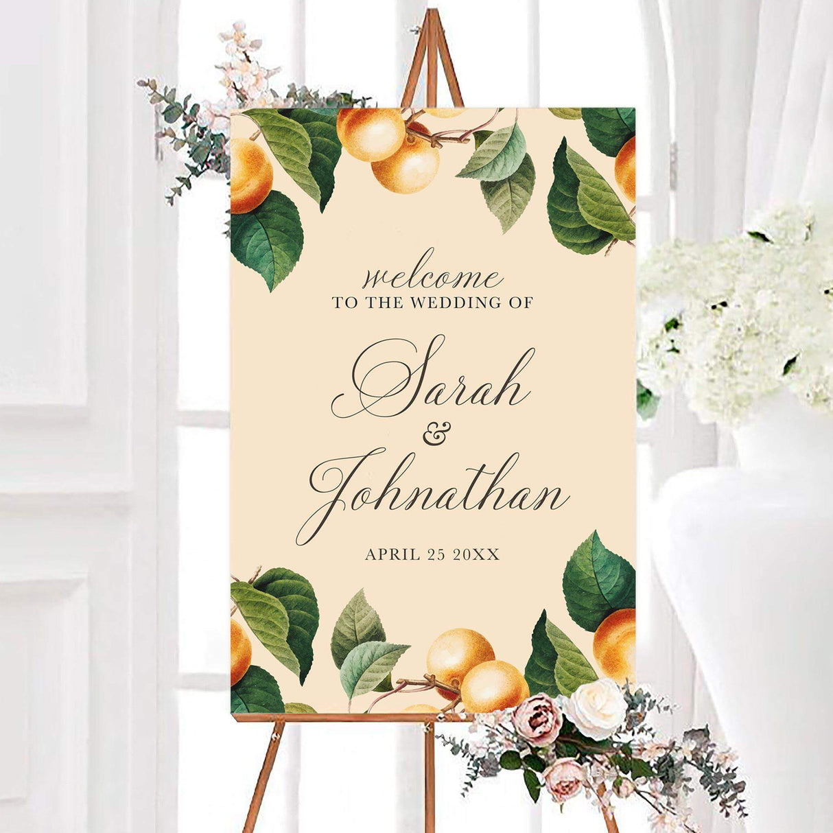 Wedding welcome sign with bold orange citrus illustrations and sophisticated cream background, perfect for outdoor or orchard weddings.