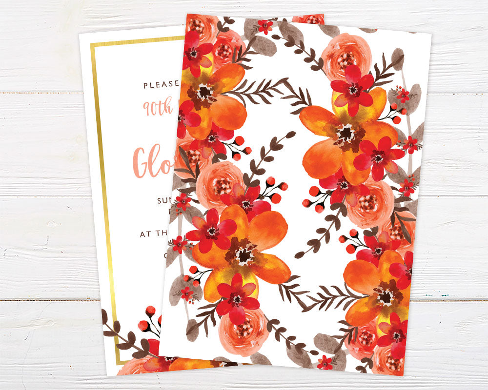 Orange Floral 90th birthday invitation with vibrant orange flowers and elegant gold frame