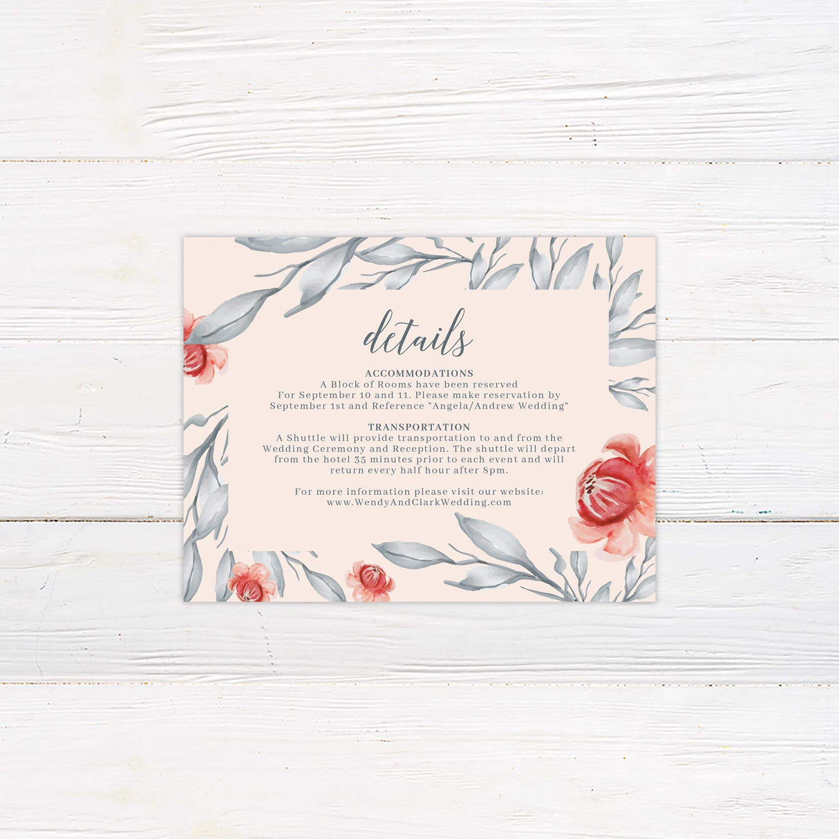 Wedding detail card with blush base, soft gray foliage, and matching red flower elements.
