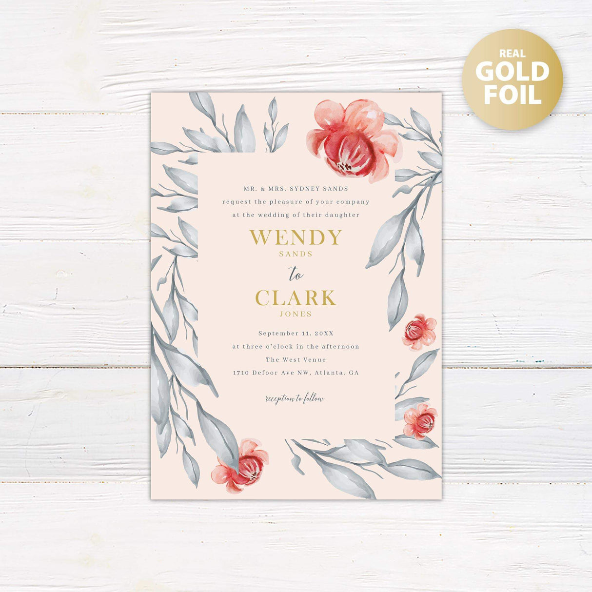 Beautiful orient florals in orange tone and gray leaves as a border to a peach background.  Names in Gold Foil.