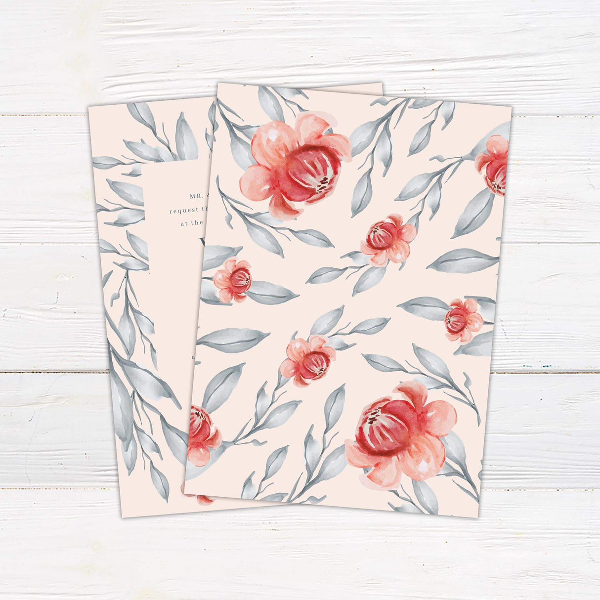 Wedding invitation with blush background, watercolor red flowers, and gray leafy branches in a modern romantic layout. - back side