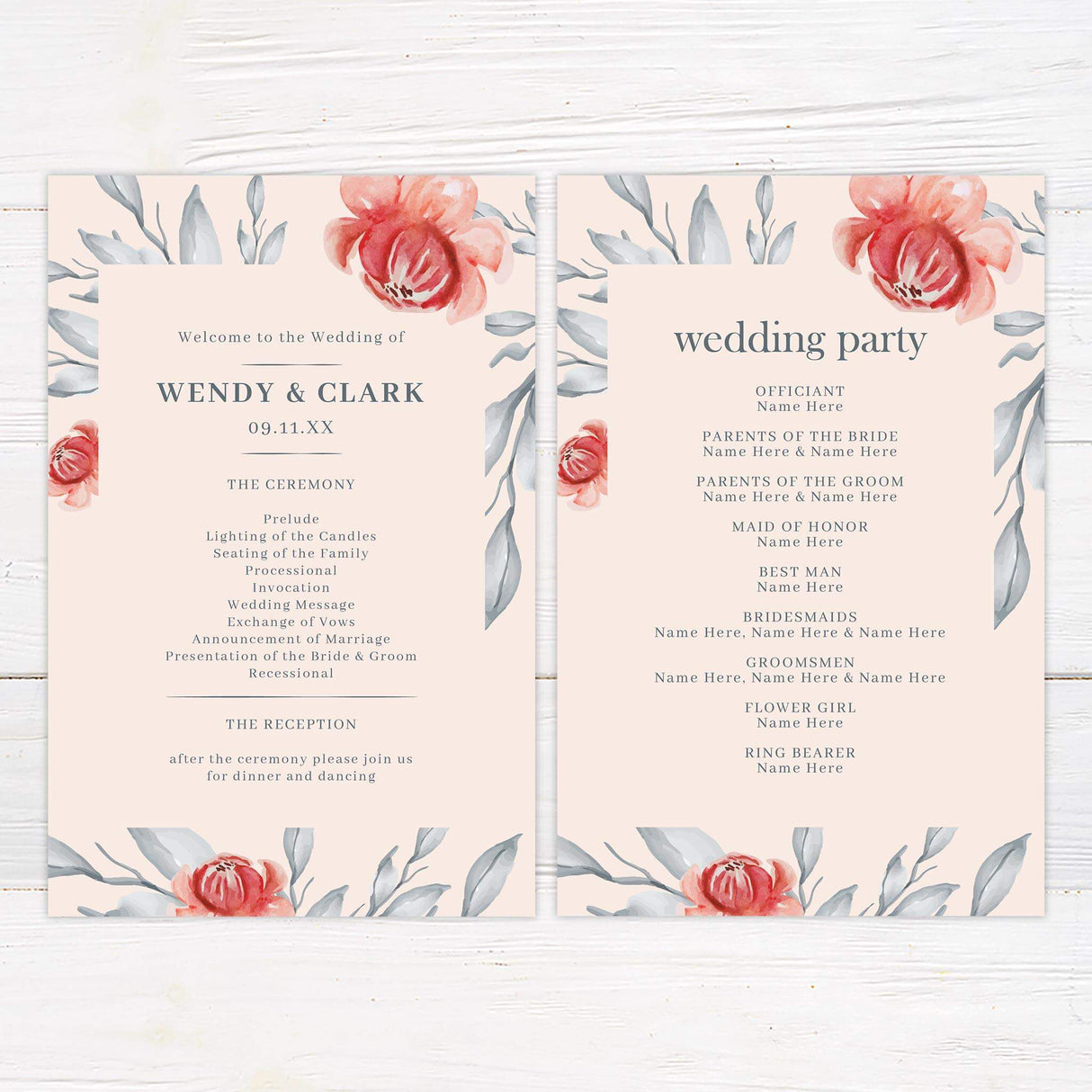 Wedding program featuring blush background, delicate floral borders, and classic fonts.