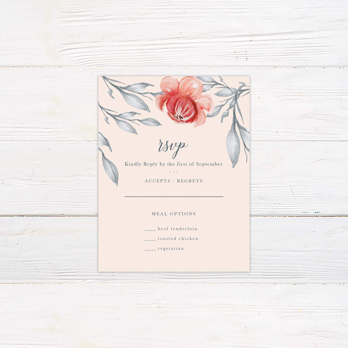 RSVP card with coordinating red watercolor flowers and gray leafy accents on a blush background.