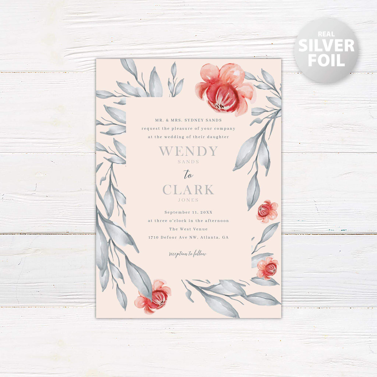 Beautiful orient florals in orange tone and gray leaves as a border to a peach background.  Names in Silver Foil.